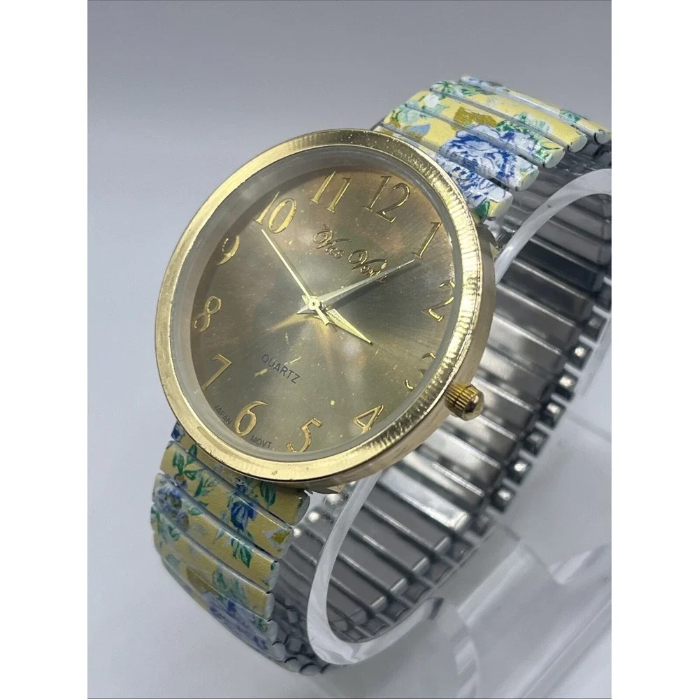 Vice Versa Women's Quartz Watch‎ Floral Stretch Band Gold 40mm Case- New Battery